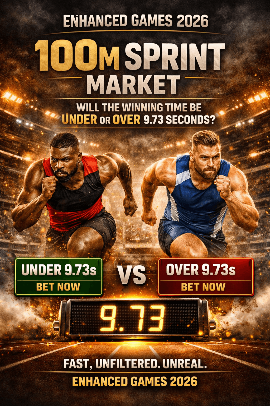 Enhanced Games 100m sprint winning time 9.73 seconds or greater on May 24, 2026.